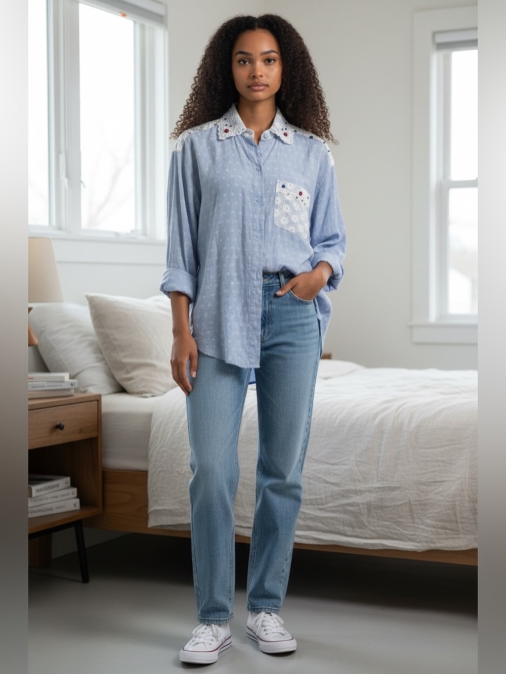 VTG 90’s Casual Button Down Shirt Lace Chambray Embellished Blue M
